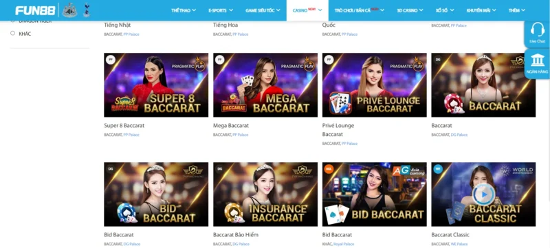 Thông tin cơ bản về Live Baccarat tại Fun88 đăng nhập