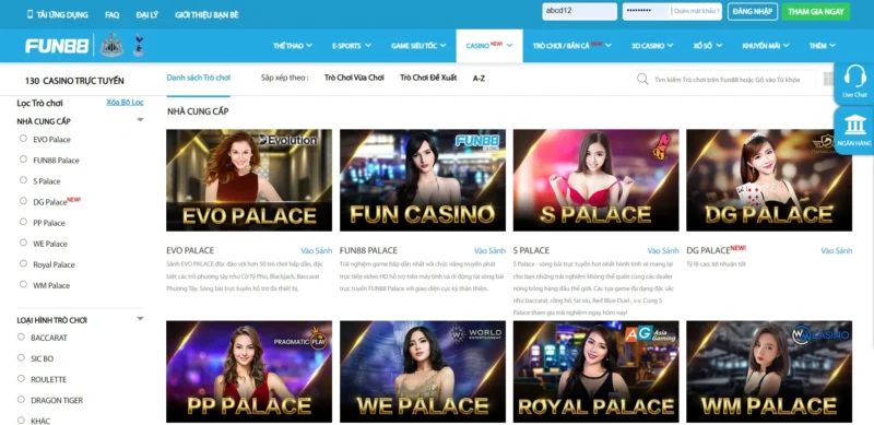 Hướng dẫn các bước truy cập vào Live Casino tại Fun 88